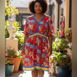 Suzanne Betro Red Floral Midi Dress